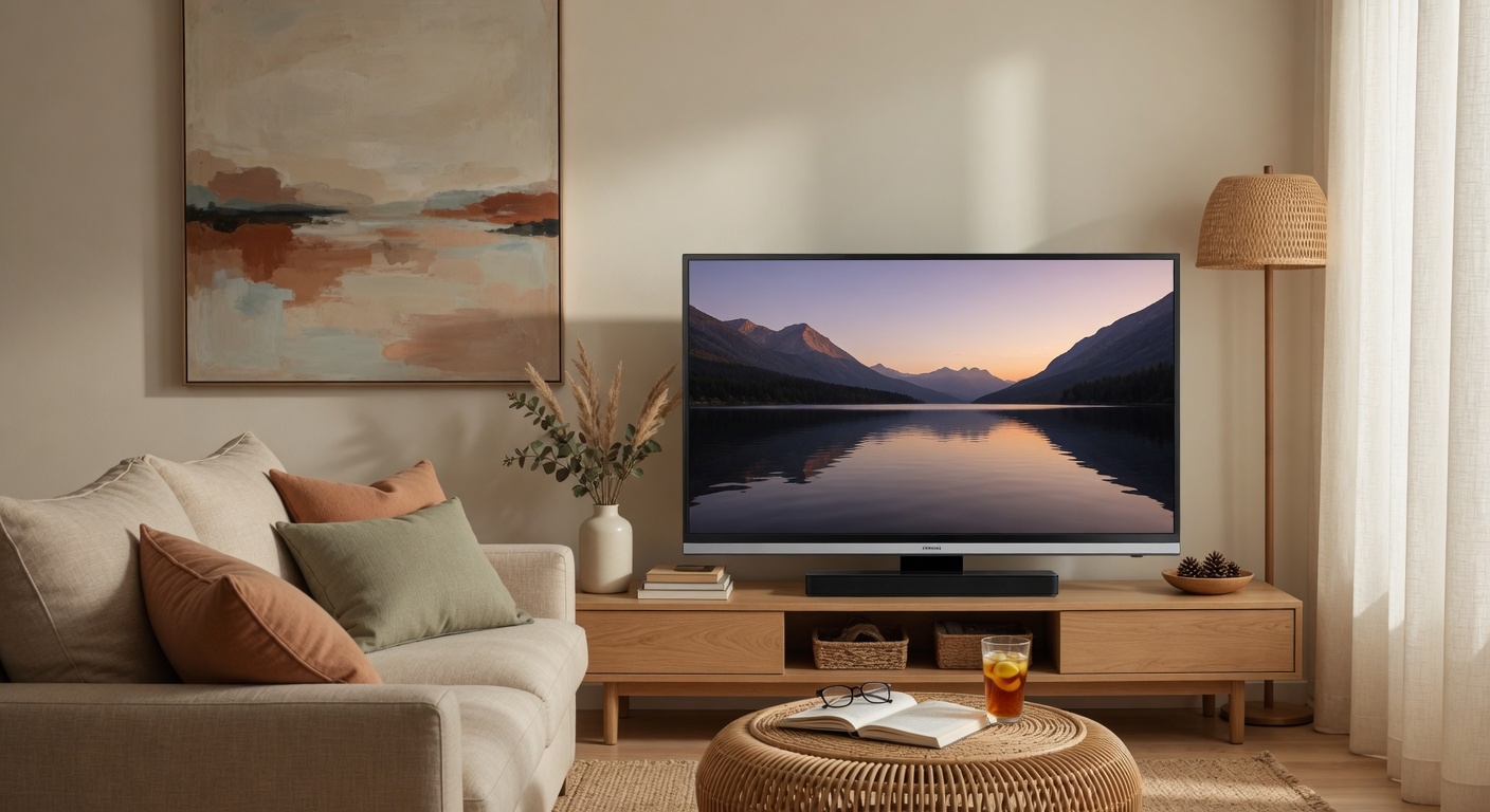 Smart TV Samsung 55U8100F 55 Polegadas - instalada em sala de estar moderna com design elegante e iluminação sofisticada