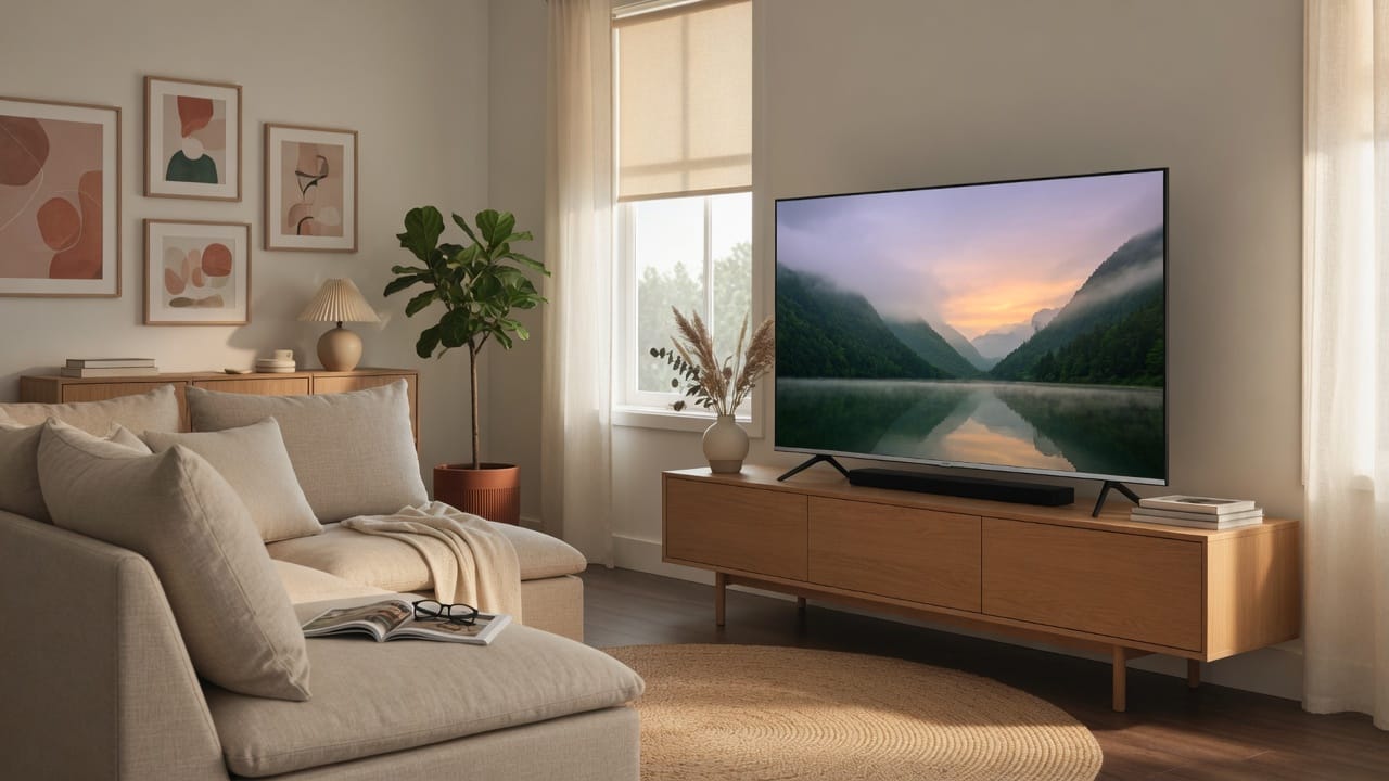 Smart TV Samsung 55U8100F 55 Polegadas - TV Crystal 4K em sala de estar moderna com sofá e móveis elegantes