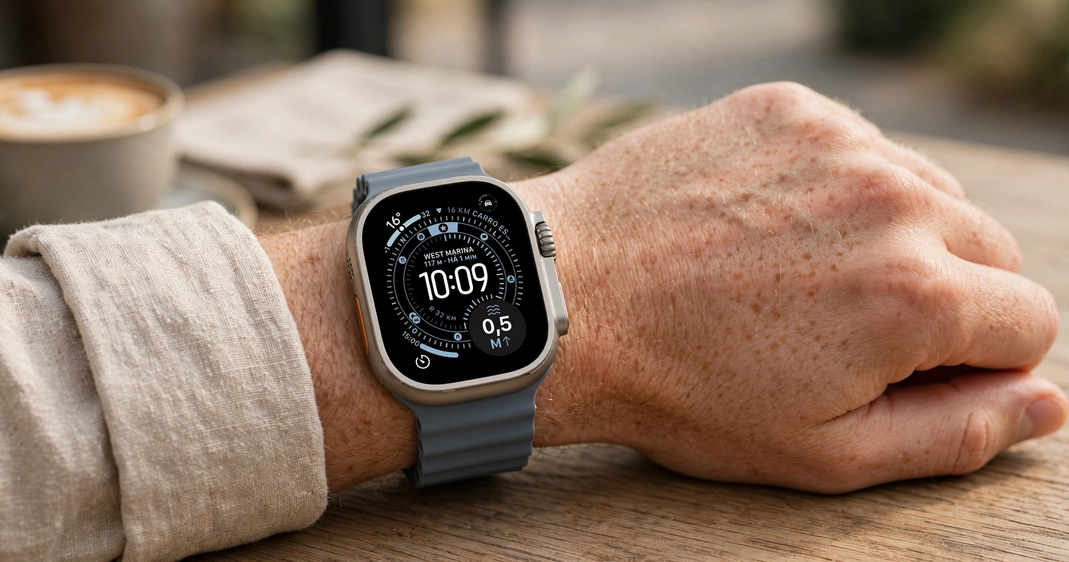 Apple Watch Ultra 3 - caixa titânio 49mm com bracelete Ocean azul-âncora em uso outdoor