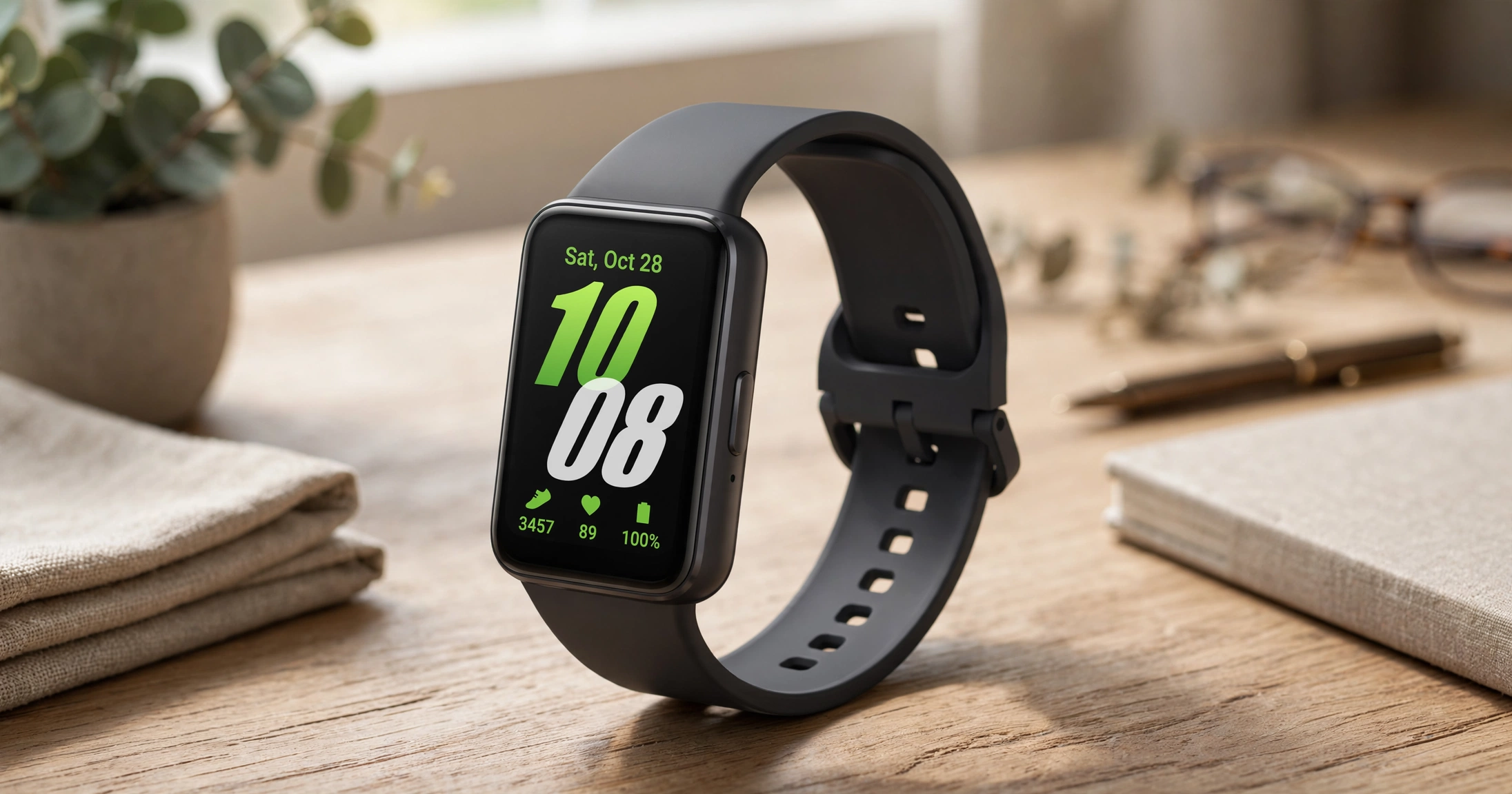 Smartwatch Samsung Galaxy Fit3 no pulso com tela AMOLED — Melhor Smartwatch Custo-Benefício 2026