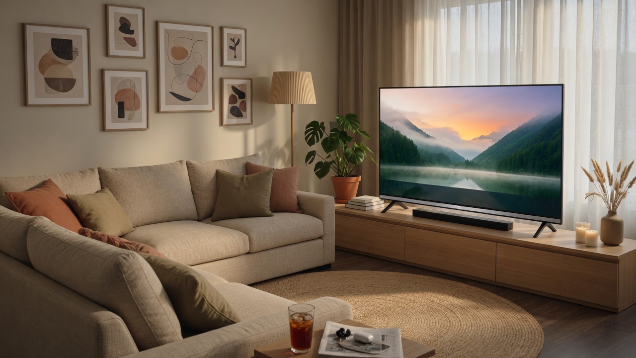 Smart TV LG QNED73 55 polegadas 4K em sala moderna com iluminação ambiente — melhor tv 55 polegadas 2026