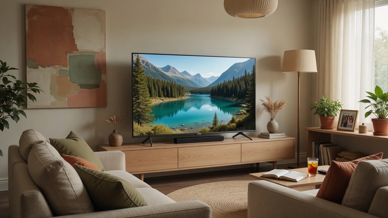 Smart TV Hisense 55Q6QV 55 Polegadas - painel QLED 4K em sala de estar moderna com rack e iluminação ambiente aconchegante