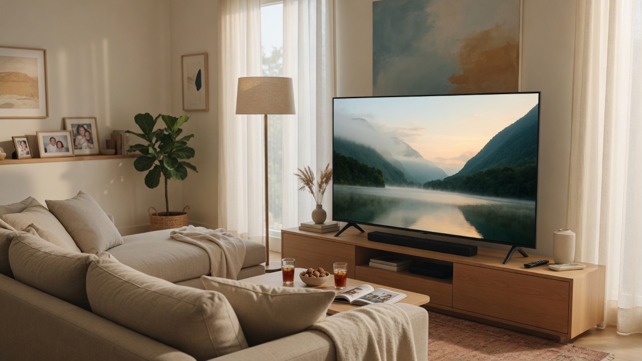 Smart TV LG QNED73 55 Polegadas - painel QNED 4K em sala de estar moderna com controle AI Magic e design ultrafino