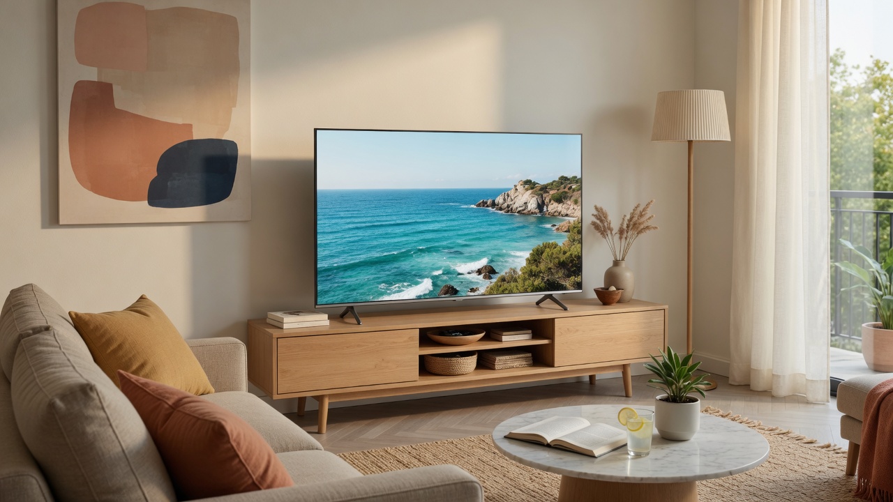 Smart TV Samsung 55U8100F 55 Polegadas Crystal UHD com bordas finas exibindo cena da natureza em 4K