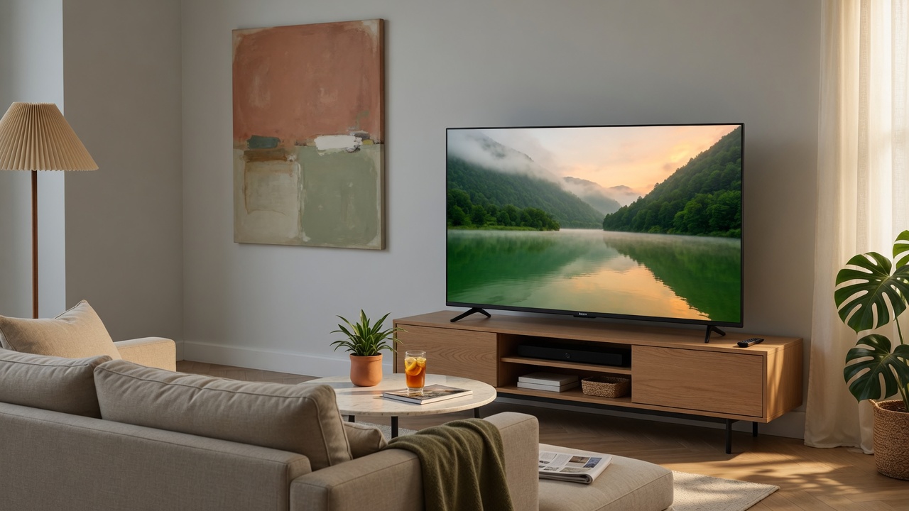 Smart TV Semp 55S62 55 Polegadas - TV 4K com Google TV em sala de estar moderna com design sem bordas