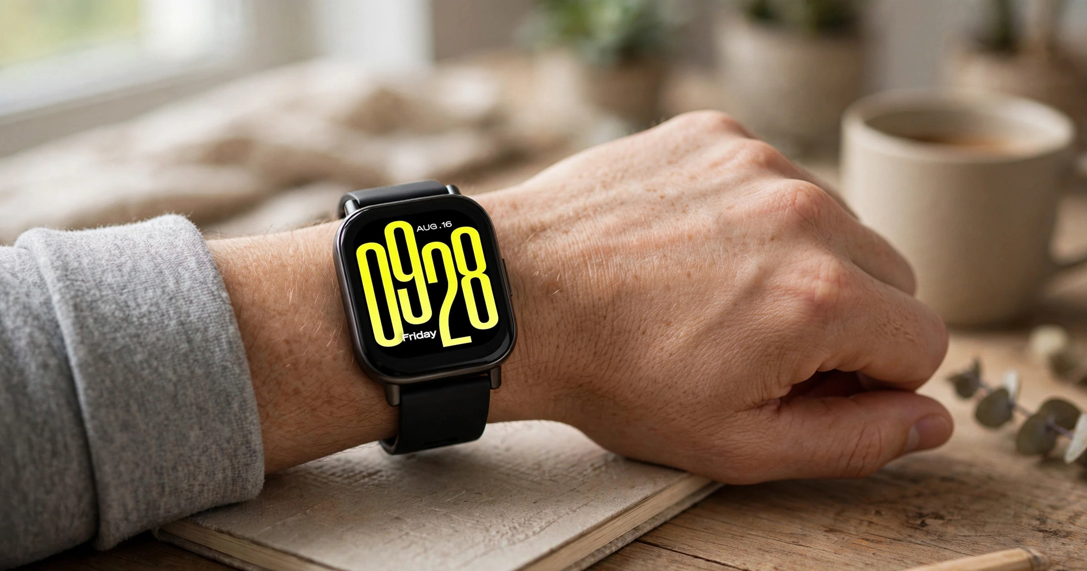 Smartwatch Xiaomi Redmi Watch5 Active - relógio preto com tela LCD 2 polegadas em uso